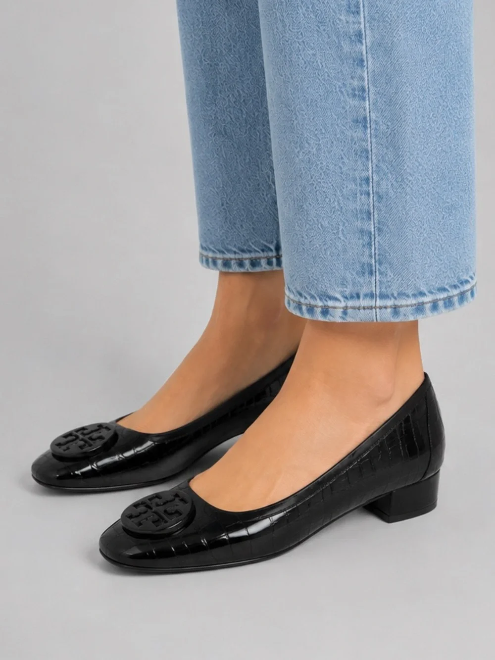 Tory Burch Black Embossed Snakeskin Double T Loafers